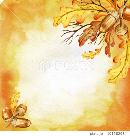 watercolor composition in the corner with autumn oak leaves, sketch of yellow and orange leaves. watercolor splash background watercolor composition in the corner with autumn oak leaves, sketch of yellow and orange leaves. watercolor splash background 101582984