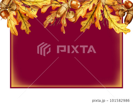 watercolor border with autumn oak leaves and acorns, hand drawn illustration of yellow and orange trees leaf, red background, spase for text watercolor border with autumn oak leaves and acorns, hand drawn illustration of yellow and orange trees leaf, red background, spase for text 101582986