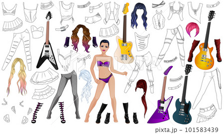 Rockstar Coloring Page Paper Doll with Beautiful Lady, Outfits, Hairstyles and Accessories. Vector Illustration 101583439