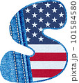 Letter S- The initial S with texture of blue jean fabric and US flag - The Monogram S with denim fabric and American flag- jean alphabet 101584580