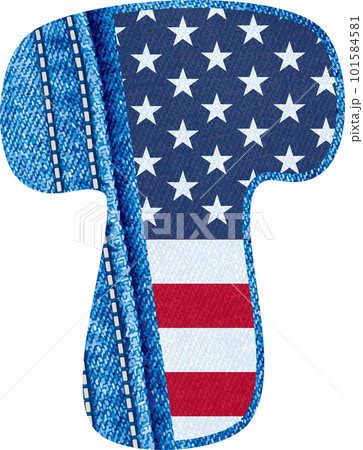 The letter T with the texture of blue jean fabric and US flag - The Monogram T with denim fabric and American flag- jean alphabet 101584581