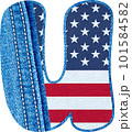 The letter U with the texture of blue jean fabric and US flag - The Monogram U with denim fabric and American flag- jean alphabet U 101584582