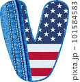 The letter V with the texture of blue jean fabric and US flag - The Monogram V with denim fabric and American flag- jean alphabet V 101584583