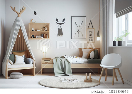 Scandinavian interior design of playroom with wooden cabinet, armchairs, Spacious child room with window, play tent, sack chair, poster mockup, Generative AI 101584645