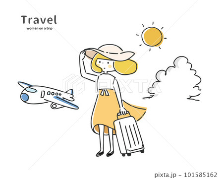 旅行に行く女性のシンプルでおしゃれな線画イラストのイラスト素材 [101585162] - PIXTA