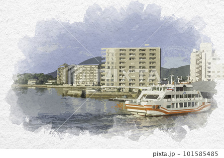 水彩画風　宮島口旅客ターミナル　JR西日本宮島フェリー　みせん丸　広島県廿日市市 101585485