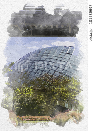 水彩画風 とっとり花回廊 フラワードームと展望回廊 鳥取県南部町 水彩画風 とっとり花回廊 フラワードームと展望回廊 鳥取県南部町 101586697