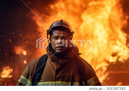 A firefighter struggling the fire at work, AI generative image A firefighter struggling the fire at work, AI generative image 101587582