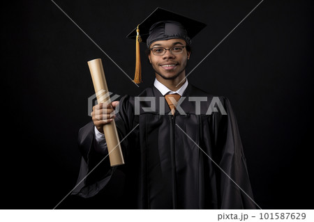 Proud and happy graduate in graduation cap and gown holdong a diploma, AI generative image Proud and happy graduate in graduation cap and gown holdong a diploma, AI generative image 101587629