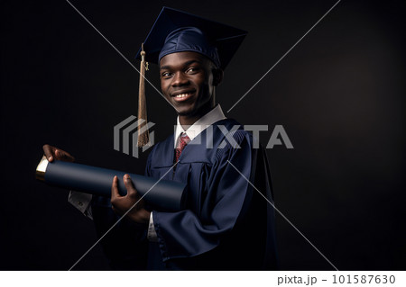 Proud and happy graduate in graduation cap and gown holdong a diploma, AI generative image 101587630