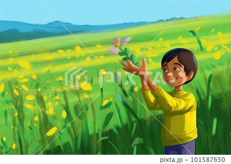 A young boy holding a butterfly in a field of flowers. AI generative image 101587650