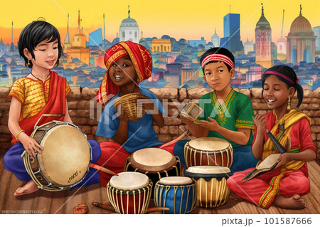 A painting of a group of children playing musical instruments. AI generative image 101587666