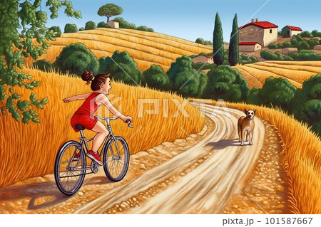 A painting of a woman riding a bike down a dirt road. AI generative image 101587667