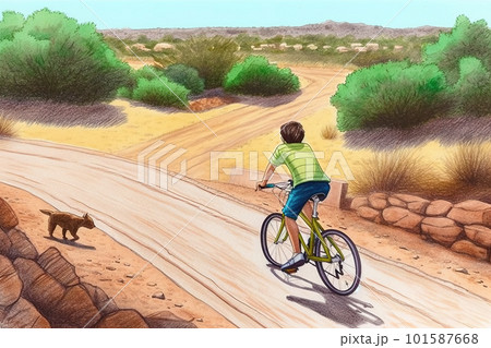 A drawing of a boy riding a bike down a dirt road. AI generative image 101587668
