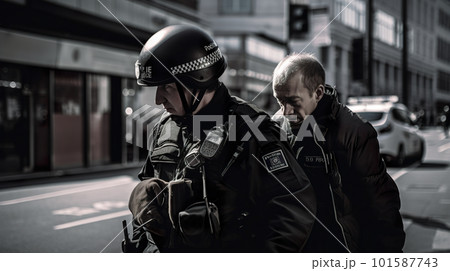 Two police officers walking down a city street. AI generative image 101587743