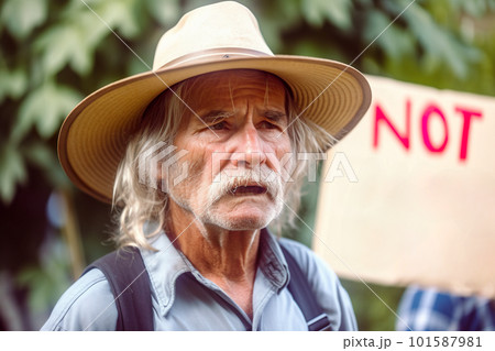A man with a hat and a sign NOT in front of him. AI generative image A man with a hat and a sign NOT in front of him. AI generative image 101587981
