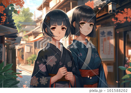 歴史ある京都の祇園で着物姿で歩く2人の少女「AI生成画像」のイラスト