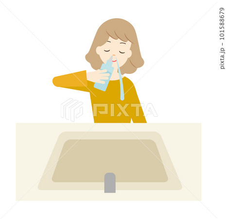 鼻うがいをする女性のイラスト（花粉症予防・黄砂対策・風邪予防）（背景は透過しています） 101588679