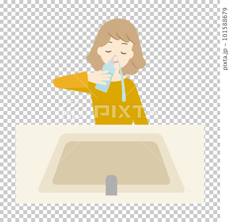 Illustration of a woman who gargles her nose (hay fever prevention, yellow sand prevention, cold prevention) (background is transparent) 101588679