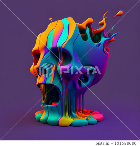 Skull with colorful abstract paint splash. 3d render illustration. 101588680