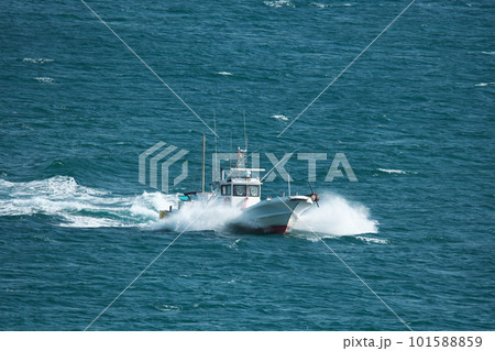 伊良湖岬　日出園地沖の海上を水しぶきをあげて疾走する漁船 101588859