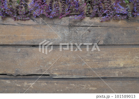 Lavender and sage flowers on a wooden table close-up. Horizontal planks of dark old wood with purple and blue flowers and leaves around the edges. Still life and flat lay. Free copy space for text 101589013