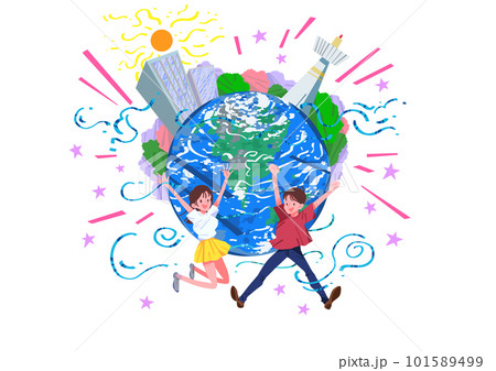 地球と飛び出すイメージ・健康な男女 101589499