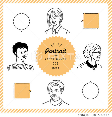 年配女性のポートレートイラストセット（モノクロ） 101590577