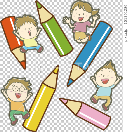Children jumping happily with big colorful pencils 101591286