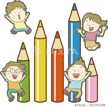 大きなカラフルな鉛筆と嬉しそうに飛び跳ねる子どもたち 101591288