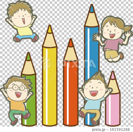 大きなカラフルな鉛筆と嬉しそうに飛び跳ねる子どもたち 101591288