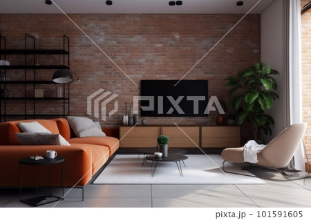 interior brick couch render light lamp lifestyle furniture green stylish comfortable style design. Generative AI. 101591605