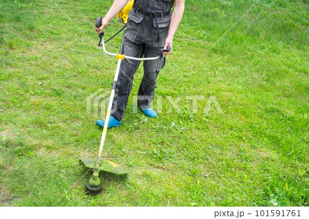 A male gardener mows the green grass of the lawn in the backyard with a gasoline mower. Trimmer for the care of a garden plot 101591761