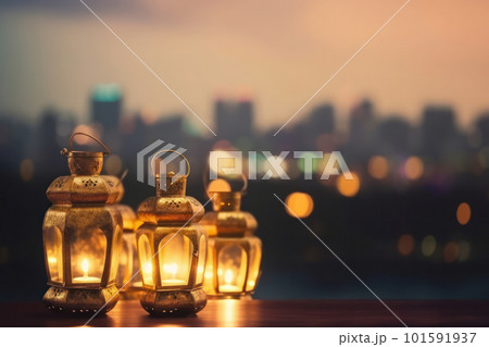 The warm and welcoming ambiance of a beautifully decorated Eastern mosque, with lanterns and candles, creates a peaceful atmosphere for prayer and reflection during Ramadan Kareem. Ai Generative 101591937