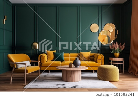 interior background simple lamp space house decoration green sofa lounge room. Generative AI. 101592241
