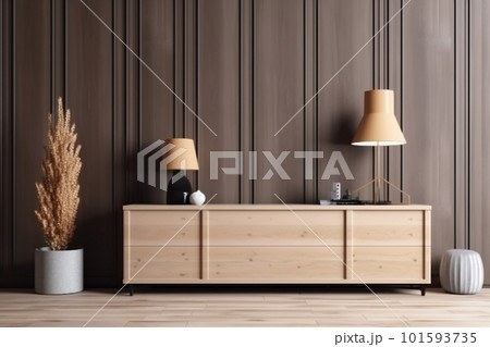 interior background living room indoor light chest chest of drawers frame home empty hardwood furniture. Generative AI. 101593735
