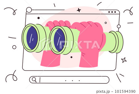 Hands hold binoculars and search info. Concept of web searching. Technology and internet. Flat vector illustration 101594390