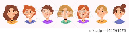 Set of avatars of children characters. Happy kid profile avatar for social media or blog account, school children smiling set Set of avatars of children characters. Happy kid profile avatar for social media or blog account, school children smiling set 101595076