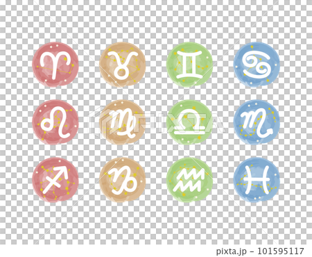 黄道12星座の4つのエレメントを表した手描きシンボルマークの描かれたイラスト 101595117