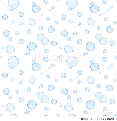 Watercolor drawn rapport of different size transparent air bubbles on white background. Picture for illustration, stickers, logo, textile printing, patterns. Scillfully colored spheres look realistic. 101595686