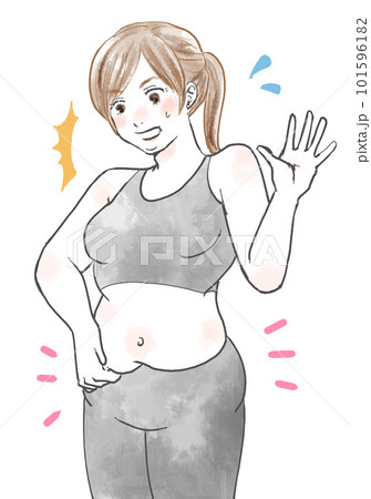 お腹に脂肪がついて驚く女性 101596182