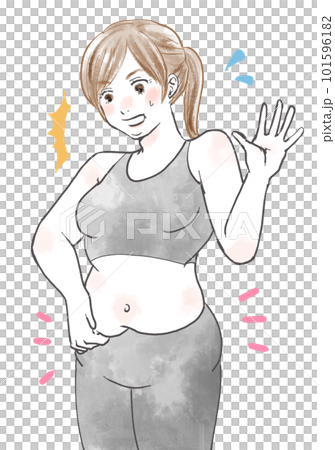 お腹に脂肪がついて驚く女性 101596182