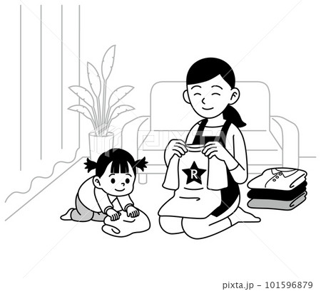 洗濯物をたたむ主婦　手伝い　こども　モノクロ 101596879