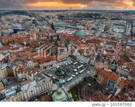 Panoramic aerial view of old Town square in Prague on a beautiful summer day, Czech Republic. Church of our Lady before Tyn and Prague Astronomical Clock Tower 101597088