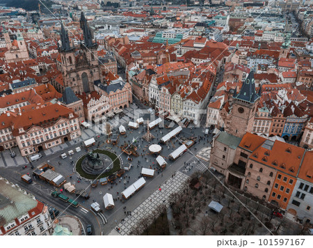Panoramic aerial view of old Town square in Prague on a beautiful summer day, Czech Republic. Church of our Lady before Tyn and Prague Astronomical Clock Tower 101597167