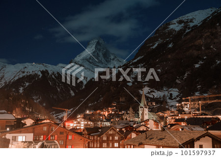 Scenic sunrise or sunset view of Matterhorn - one of the most famous and iconic Swiss mountains, Zermatt, Valais, Switzerland 101597937