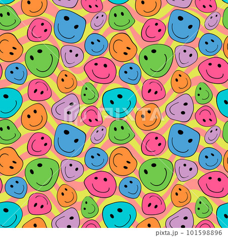 Wavy Colorful Smile Emoticons Psychedelic Pattern. Vector illustration. Abstract Neon colors, smiley emojis, psychedelic seamless 60s pattern artsy design Wavy Colorful Smile Emoticons Psychedelic Pattern. Vector illustration. Abstract Neon colors, smiley emojis, psychedelic seamless 60s pattern artsy design 101598896