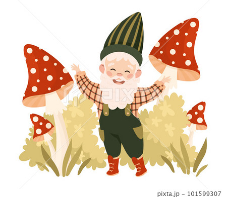 Cute garden gnome with fly agaric mushrooms. Happy smiling fairy tale bearded dwarf elf character cartoon vector illustration 101599307