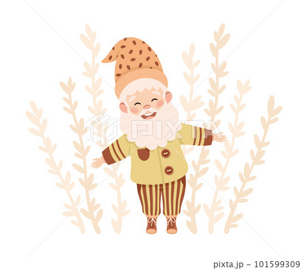 Cute gnome standing in tall grass. Happy fairytale dwarf elf character cartoon vector illustration 101599309