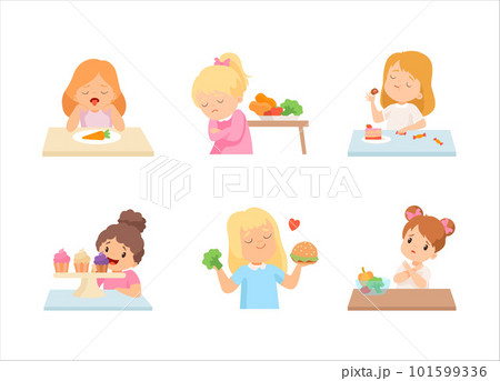 Little Girl at Table Showing Dislike and Disgust Towards Vegetables Vector Set Little Girl at Table Showing Dislike and Disgust Towards Vegetables Vector Set 101599336